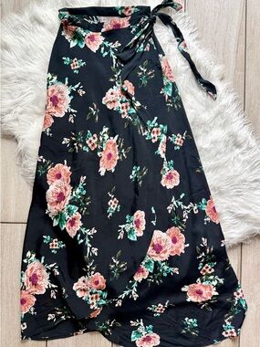 Black Floral Wrap Maxi Skirt with Pink Blooms
